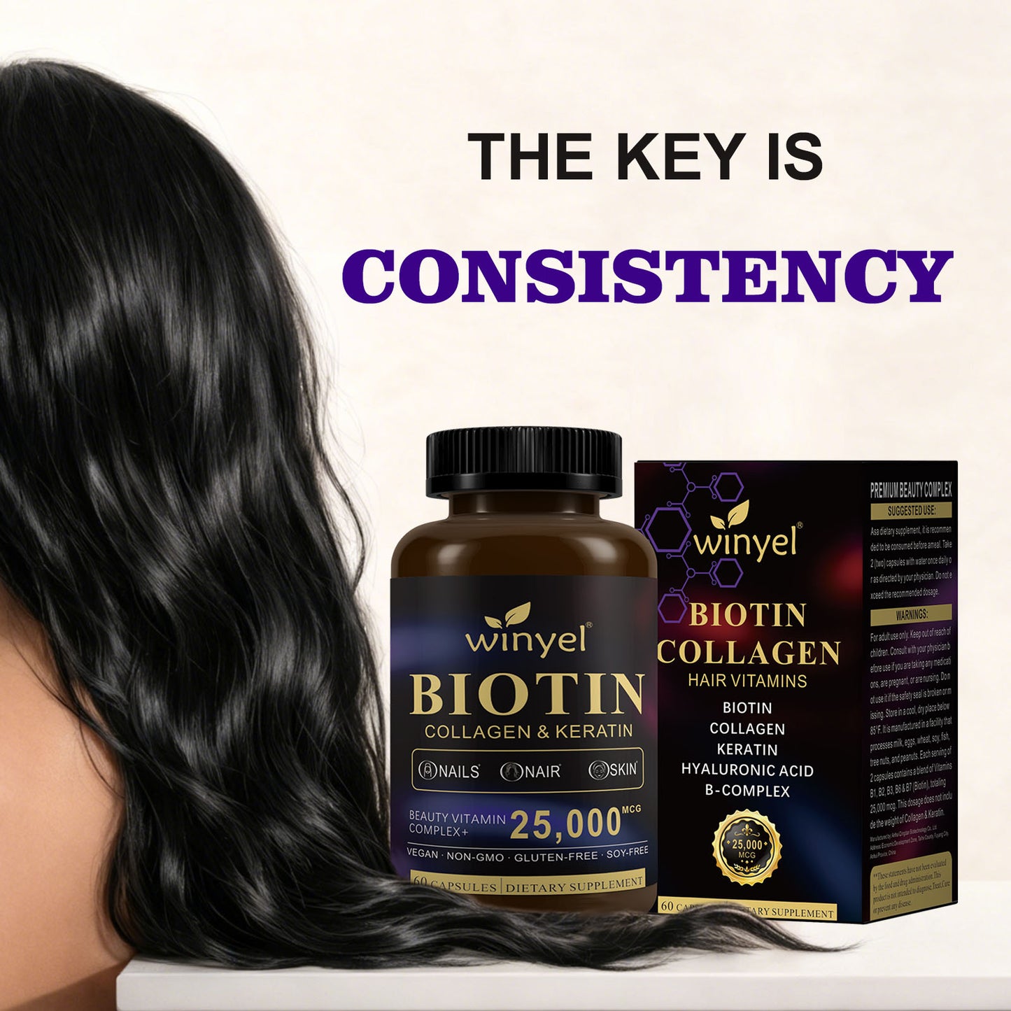 Biotin Collagen Hyaluronic Acid Keratin - Support Normal Hair Growth Cycle - Skin & Nails - 25000mcg Vitamins B1, B2, B3, B6 & B7 - For Women & Men 60 Capsules